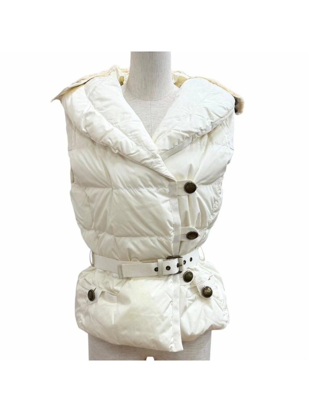 Louis Vuitton Logo Button with Belt Hood Lining Mink Down Vest Ivory 36
